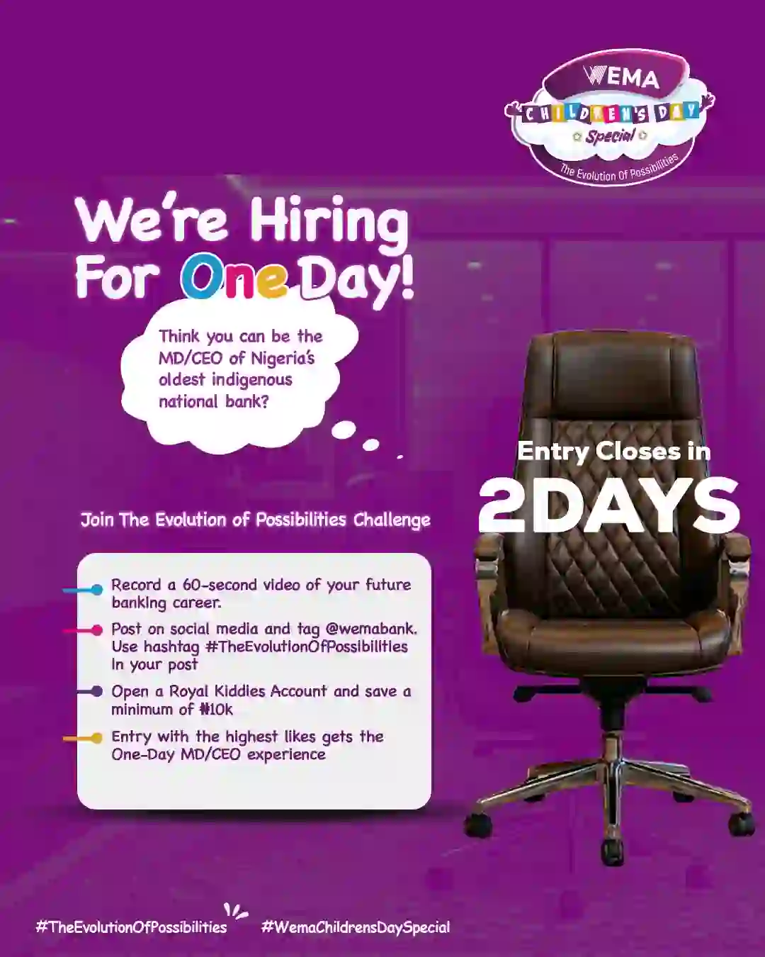 Wema Bank Announces Last Call for Submission of Entries for One-Day MD/CEO Children’s Day Initiative